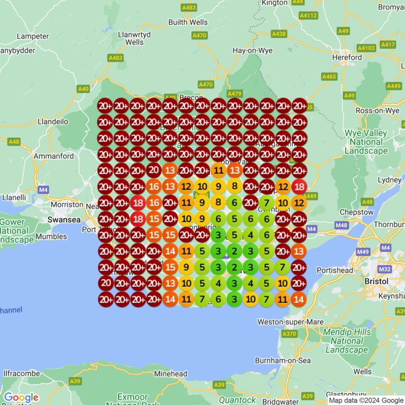 A map over South Wales and Southwest England reveals a grid of colored circles with numbers, ranging from 0 to 20+. Each circle represents client success stories, highlighting the impact across the region.