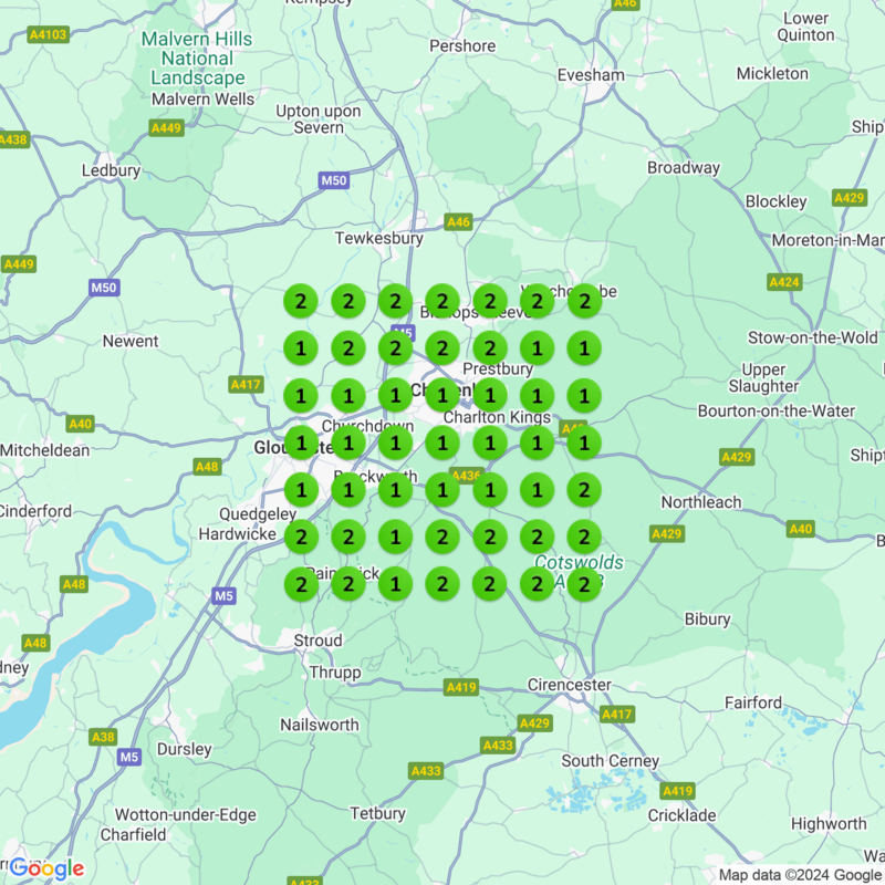 Map illustrating precipitation levels in the Cotswolds, marked with green circles showing levels from 1 to 2. Nearby towns, such as Cheltenham, Stroud, and Cirencester, are featured alongside client success stories that highlight the effective use of this data.