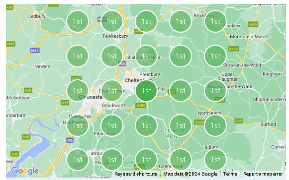 Map showcasing multiple locations marked as "1st" in a green circle around Cheltenham and surrounding areas, highlighting client success stories.