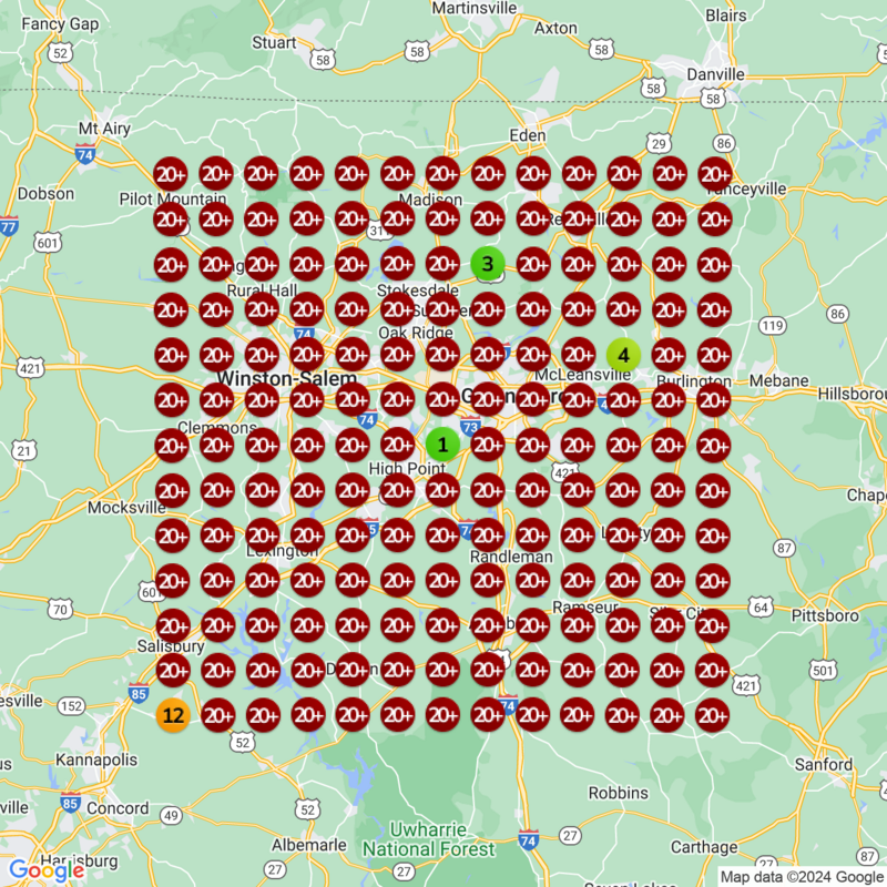 Map illustrating numerous markers with "20+" throughout a regional area, with exceptions like "3" and "4" near Eden and a notable "12" near Charlotte. The surrounding area, rich in cities and green spaces, is akin to client success stories in strategic positioning.